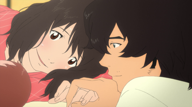 Wolf Children - the family and their first child - property of Nippon Television Network, Studio Chizu, Madhouse et al. - from https://yukizuri.wordpress.com/2013/10/05/film-les-enfants-loups-ame-et-yuki/
